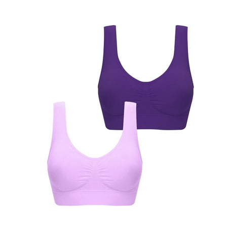 ATOYSOY 2 Pack Plus Size Sports Bra Everyday Bra Yoga Activewear Underwear Push Up Bralette Teens Comfort Bra Workout Clearance Breathable Wireless Ruched Tank Tops Purple S