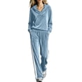 thumbnail image 3 of Tqcoqu Women's 2 Piece Velour Tracksuit,V Neck Hooded Long Sleeve Top & Wide Leg Pants with Side Stripe,Casual Loungewear Plus Size Outfit Set,Light Blue Women's S-XXL, 3 of 6
