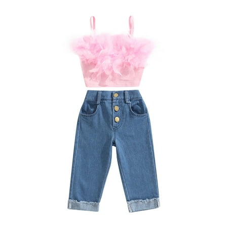 

Calsunbaby Kids Little Girls Summer Jeans Outfits Sleeveless Feather Camisole + Denim Pants with Pockets Clothes Sets Pink 1-2 Years