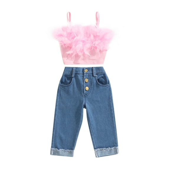 Qmyliery Toddler Girls Summer Clothes, Pink Sleeveless Feather Camisole + Denim Pants with Pockets