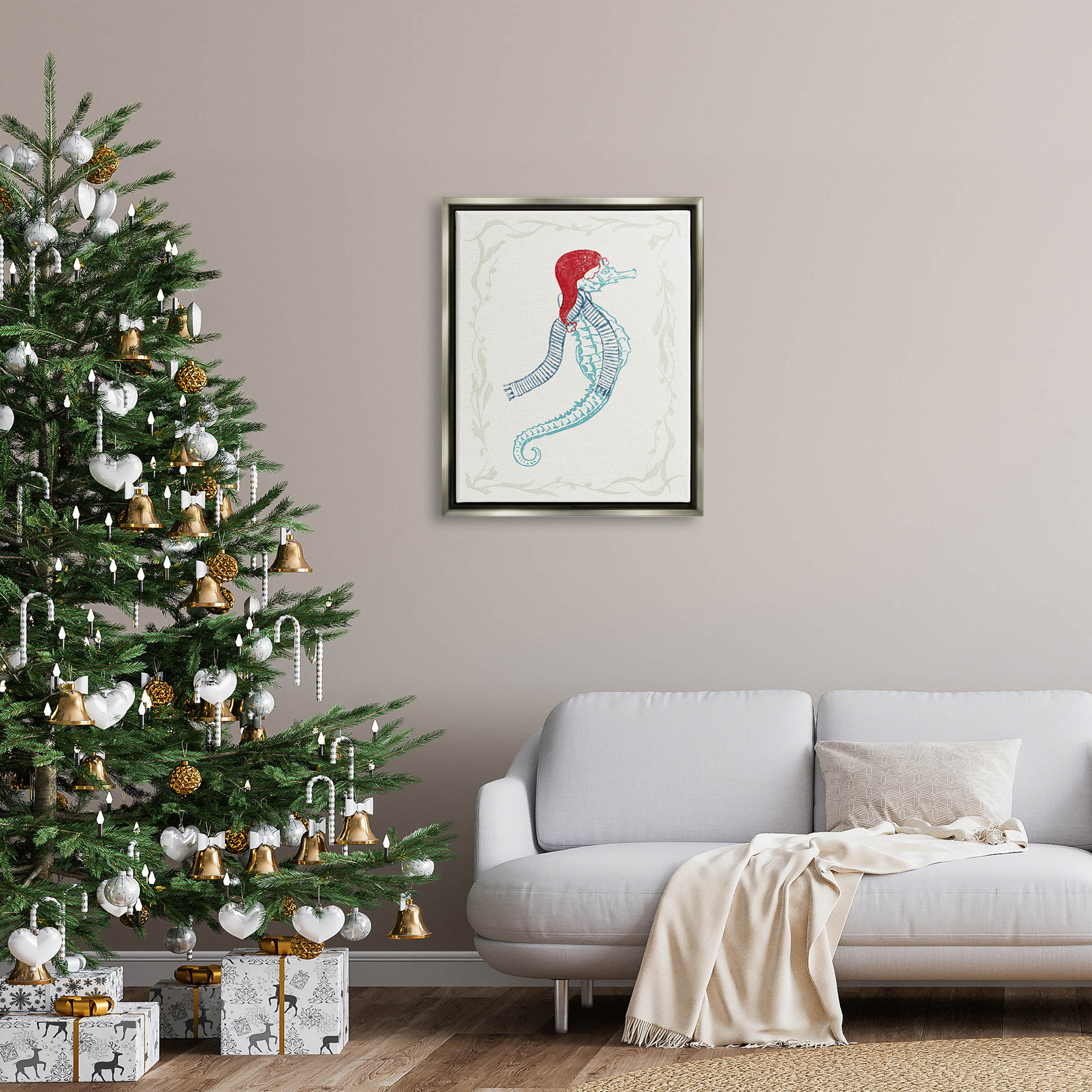 Coastal Christmas Seahorse Santa Holiday Graphic Art Luster Gray Framed Art Print Wall Art