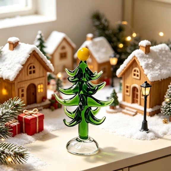 Hand Blown Glass Christmas Tree Figurine, Mini Crystal Tabletop Christmas Tree Decor for Shelf, Mantel and Holiday Centerpiece