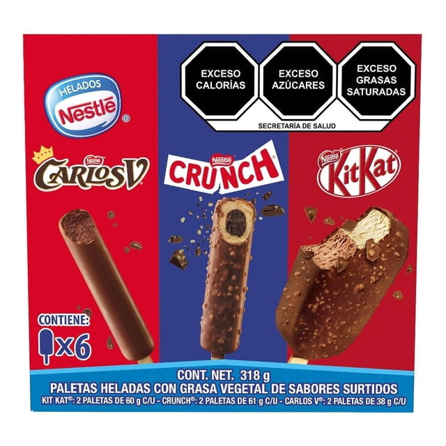 Paletas heladas Nestlé Carlos V, Crunch y KitKat 6 pzas