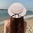 thumbnail image 5 of 56-58 cm hat circumference women's straw hat ribbon bow sun hat outdoor flat top hat sunscreen sun hatFlesh pink, 5 of 5