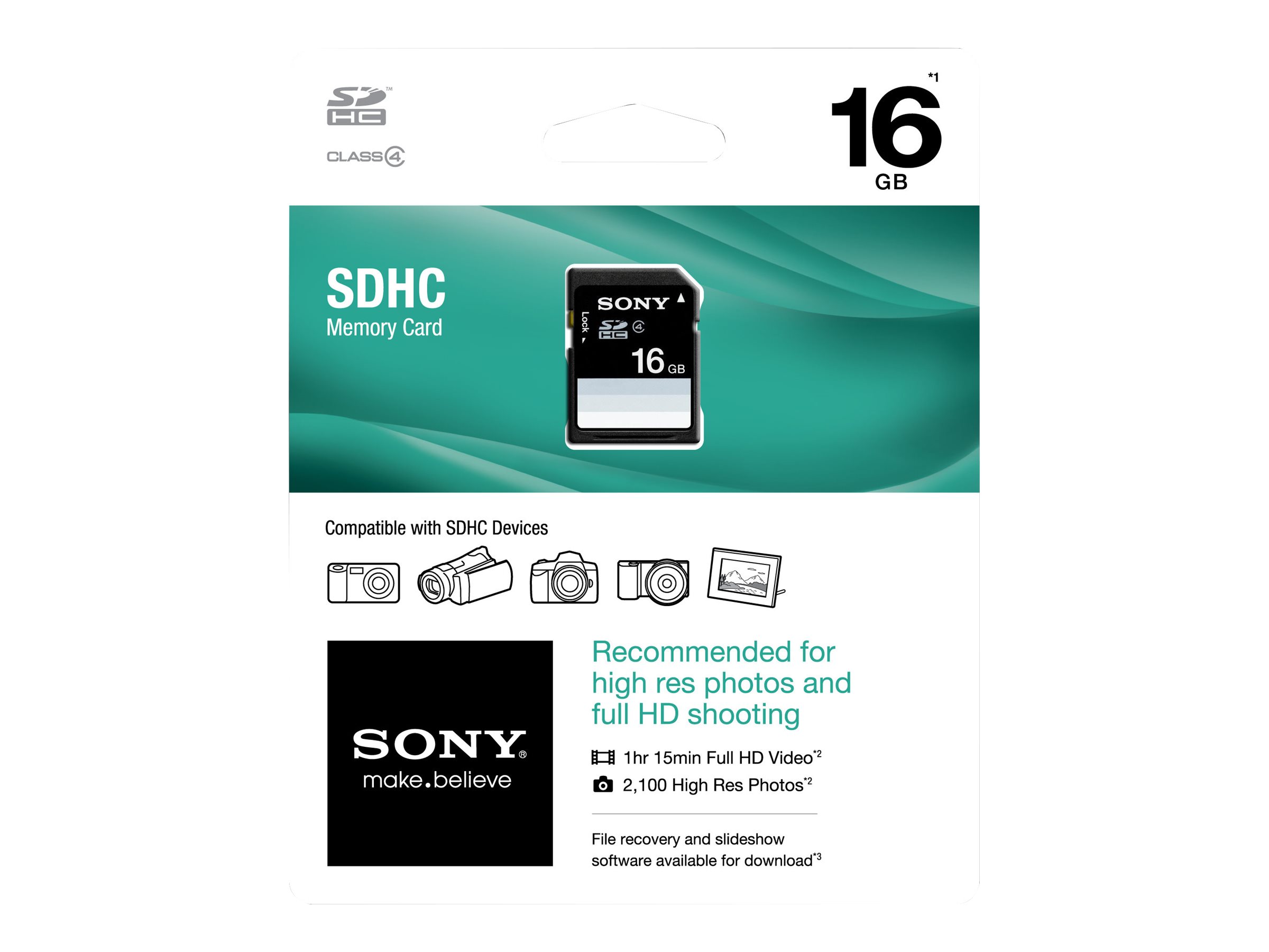 Sony SF16N4/TQM - Flash memory card - 16 GB - Class 4 - SDHC - for Cyber-shot DSC-H300, TX100; Handycam HDR-PJ760, PJ780, PJ790, NEX-VG900; a SLT-A65, A77