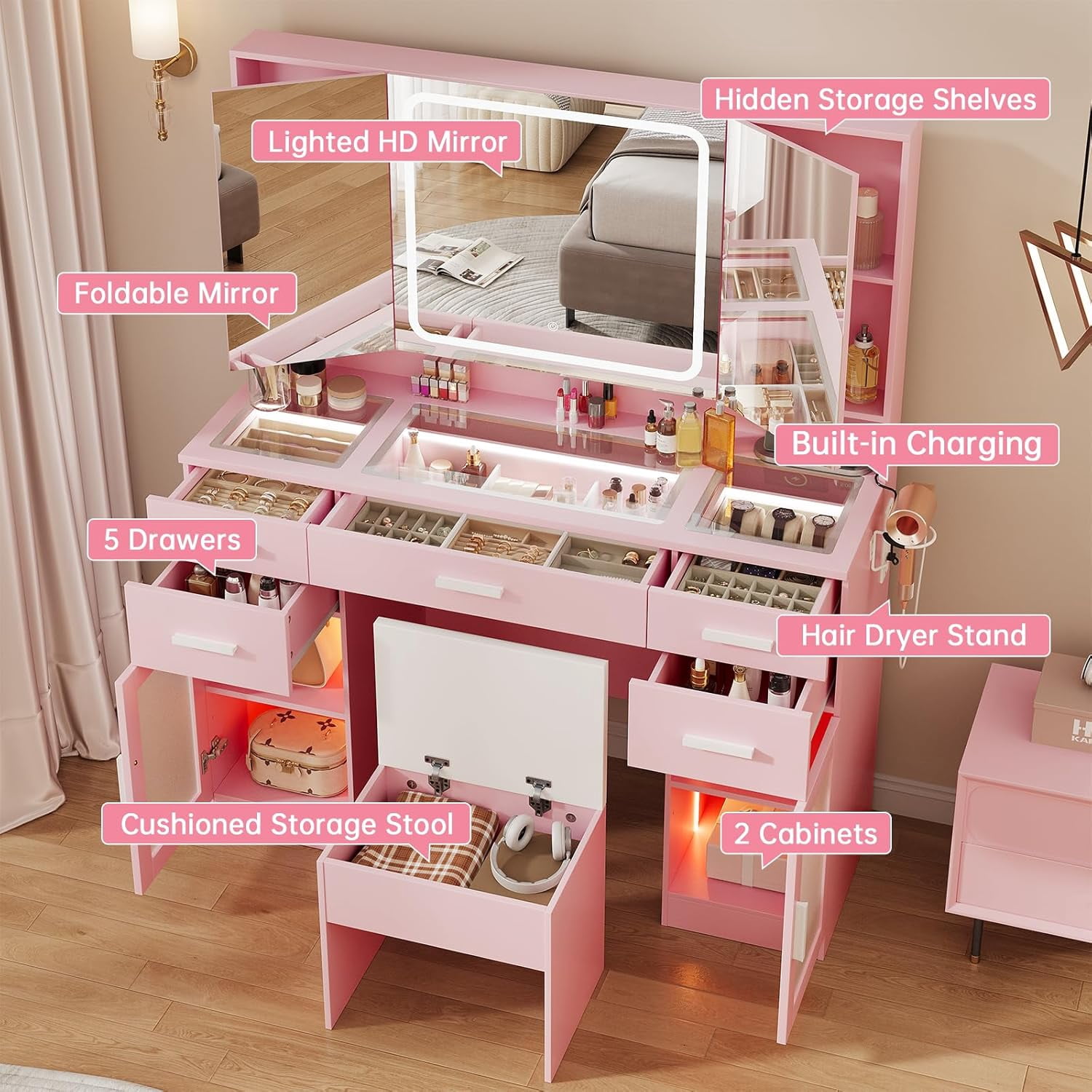 Makeup Vanity Desk with Lights and Mirror, Glass Top Vanity Set with Power Outlet, 3 Lighting Modes, Adjustable Brightness, Dressing Table for Bedroom, Pink