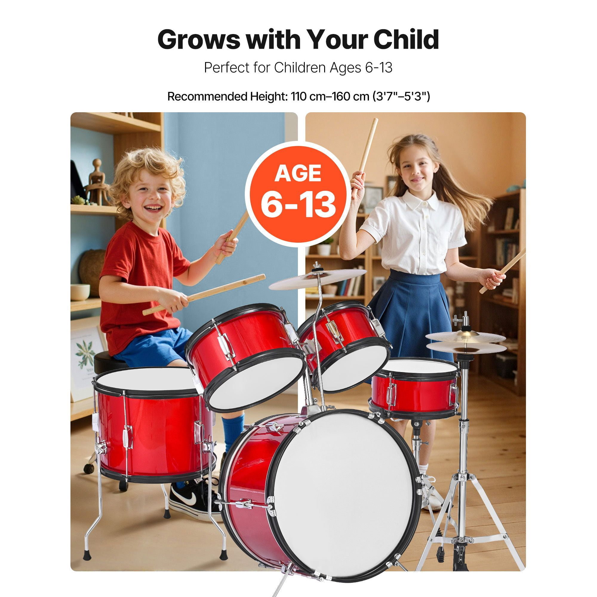 Kids Drum Set, 5-Piece 16 in Junior Drum Sets, Beginner Drums Set with Adjustable Throne, Cymbal & Two Pairs of Drumsticks, Musical Learning Drums Instruments Kit, for Children Ages 6-13 (Red)