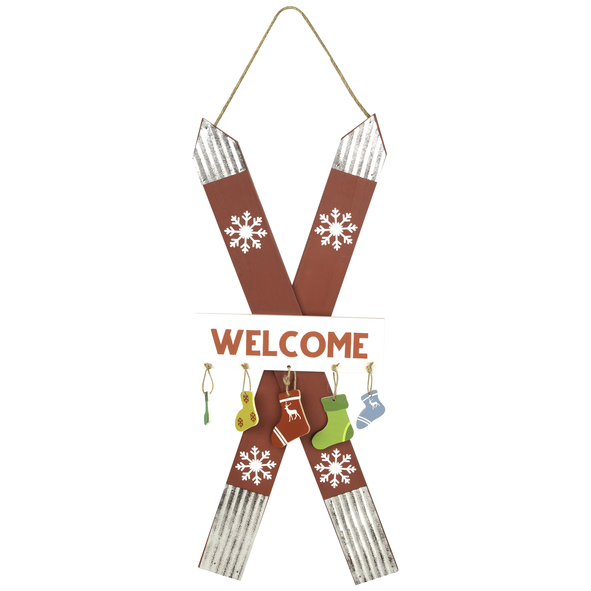 Northlight Wooden Welcome Skis with Christmas Stockings Hanging Decoration - 23.5"