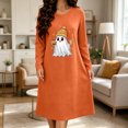 thumbnail image 3 of Taqqpue Womens Cotton Sleep Dress Long Sleeves Crew Neck Halloween Skeleton Print Loose Knee Length Nightshirt Casual Oversized Lounge Pullover Nightgown for Women Plus Size, 3 of 7
