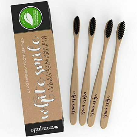 Biodegradable Toothbrush, Family Pack of 4, Great For Toddlers, Kids & Adults. All Natural Bamboo Handle & Charcoal Bristles BPA Free, No Toxic Plastics, Decomposes In Months, Best Teeth