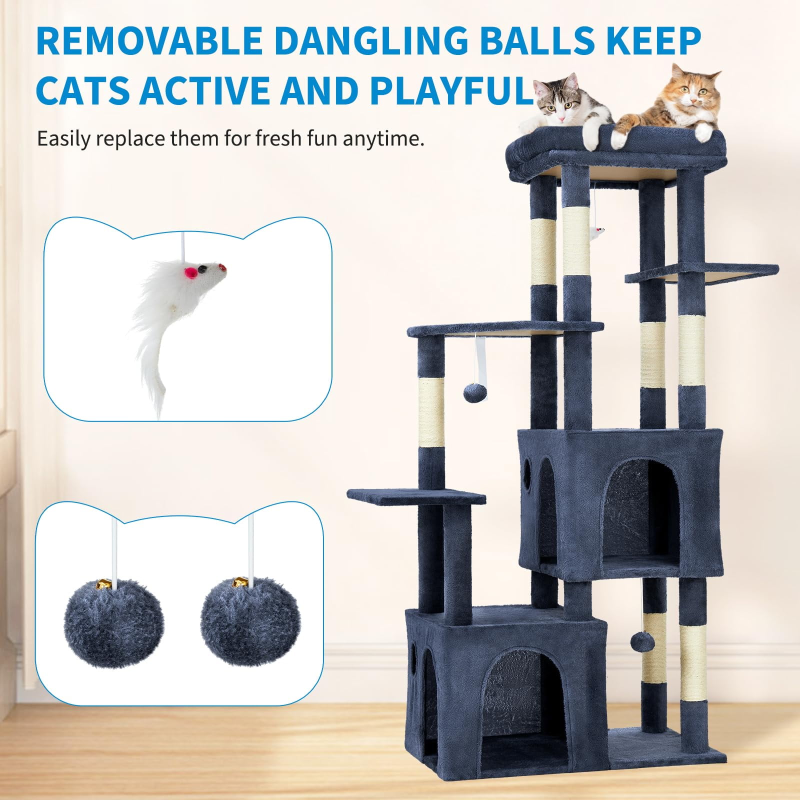 61" Heavy-Duty Cat Tree for Large Indoor Cats & Maine Coons – Multi-Level with Extra-Large Perch, 2 Spacious Condos, Sisal Scratching Posts & Interactive Toys – Stable Base