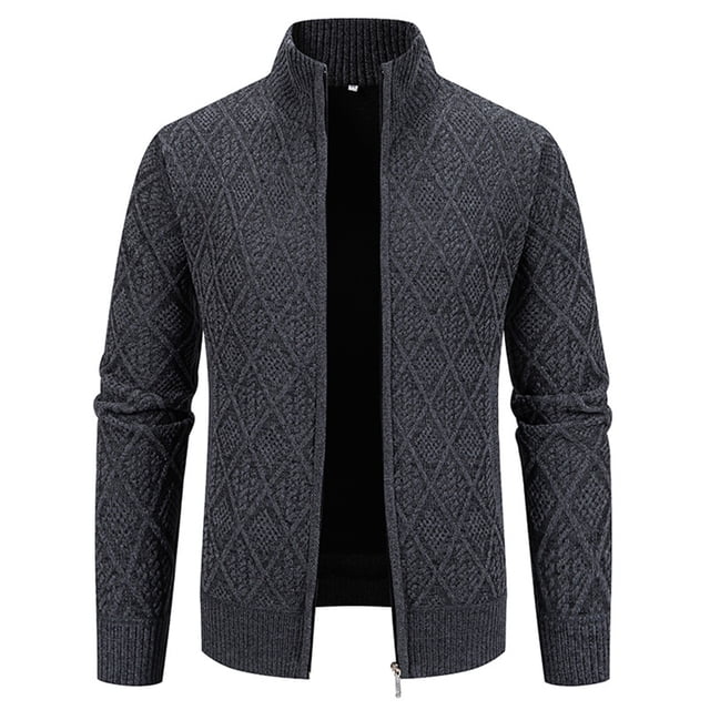 Chandail Classique à Enfiler pour Hommes Cardigan pour Hommes Chandails Fermeture Éclair Complète Col Montant Coupe Ajustée Chandail Tricoté Décontracté avec Poches Chandail à Col Rond pour Hommes P-7 Gris Foncé 3TG