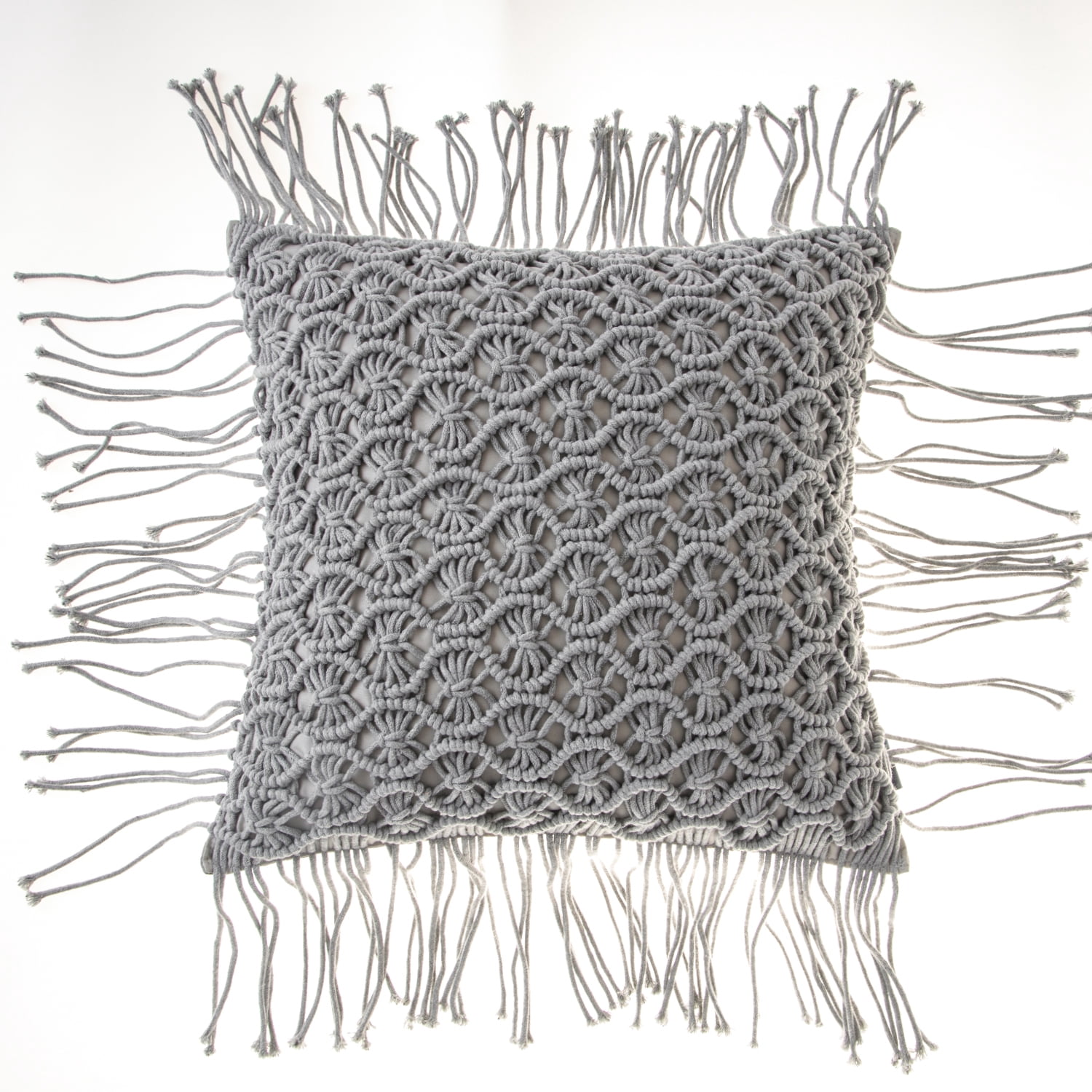 Phantoscope 100% Cotton Handmade Crochet Woven Boho with Tassels Series Decorative Throw Pillow, 18" x 18" Square, Gray, 1 Pack