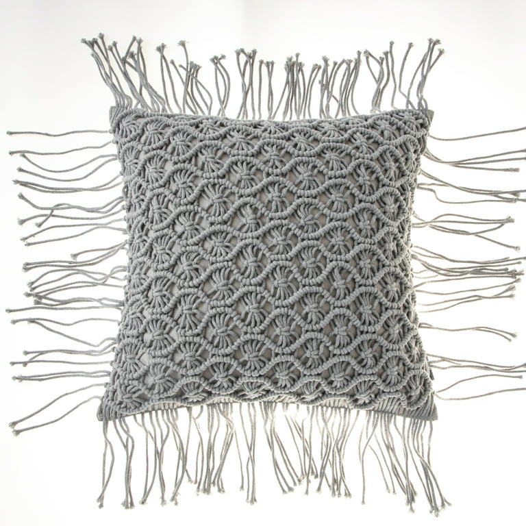Phantoscope 100% Cotton Handmade Crochet Boho Series with Invisible Zipper Throw Pillow, 18 inch x 18 inch, Gray, 1 Pack