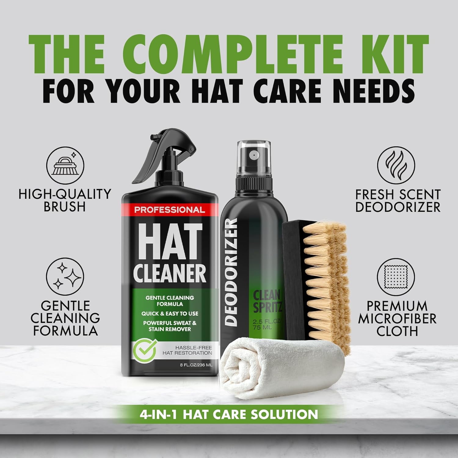 Fortivo 4-in-1 Hat Cleaning Kit with Hat Cleaner, Brush, Microfiber Cloth & Lemon Deodorizer, 8 fl oz, 4 Count, for Baseball & Cowboy Hats