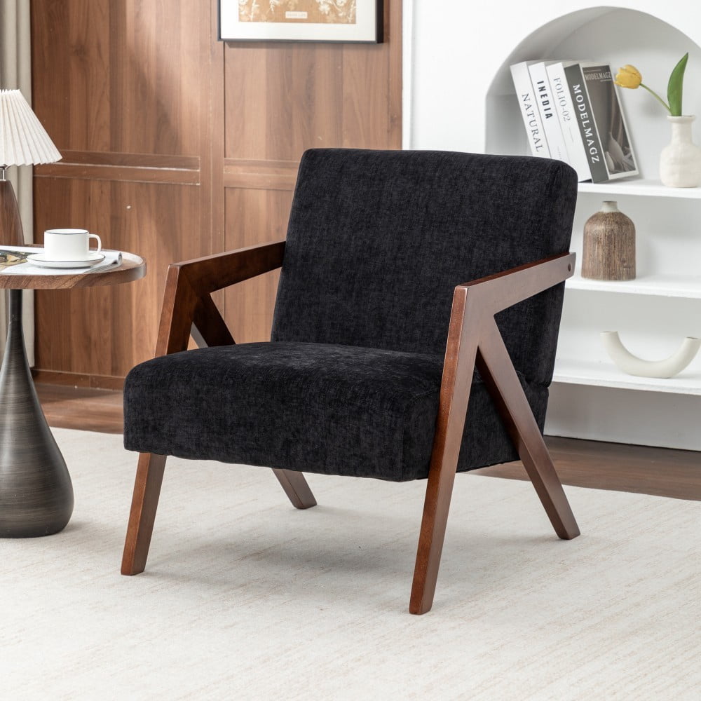 Mid Century Modern Accent Chair, Upholstered Reading Armchair with Rubber Wood Frame, Soft Fabric, Curved Arms for Living Room, Bedroom & Office, Black