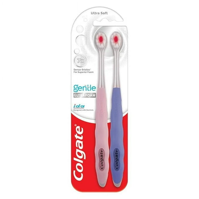 Colgate Gentle Toothbrush Ultrafoam, Ultra Soft Manual Toothbrush for Adults, 2-piece set in multicolour. Designed for oral care, it features ultra-soft bristles with tapered technology for deeper plaque removal and a rounded head for easy access to back teeth. Endorsed by IDA for expert gentle cleaning.