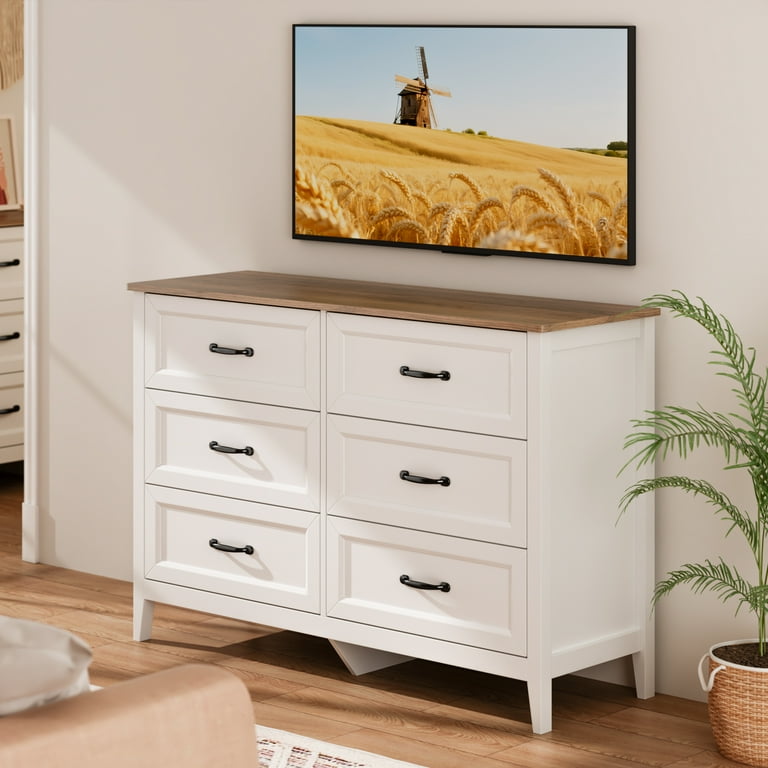 white and light brown dresser Dresser 6 Drawer