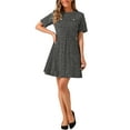 thumbnail image 2 of Vestido skater elegante de tweed con cuello redondo y mangas cortas para mujer, negro y blanco, 2 of 5