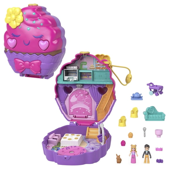 Polly Pocket Something Sweet Cupcake Compact Playset with 2 Micro Dolls & Accessories, Travel Toys