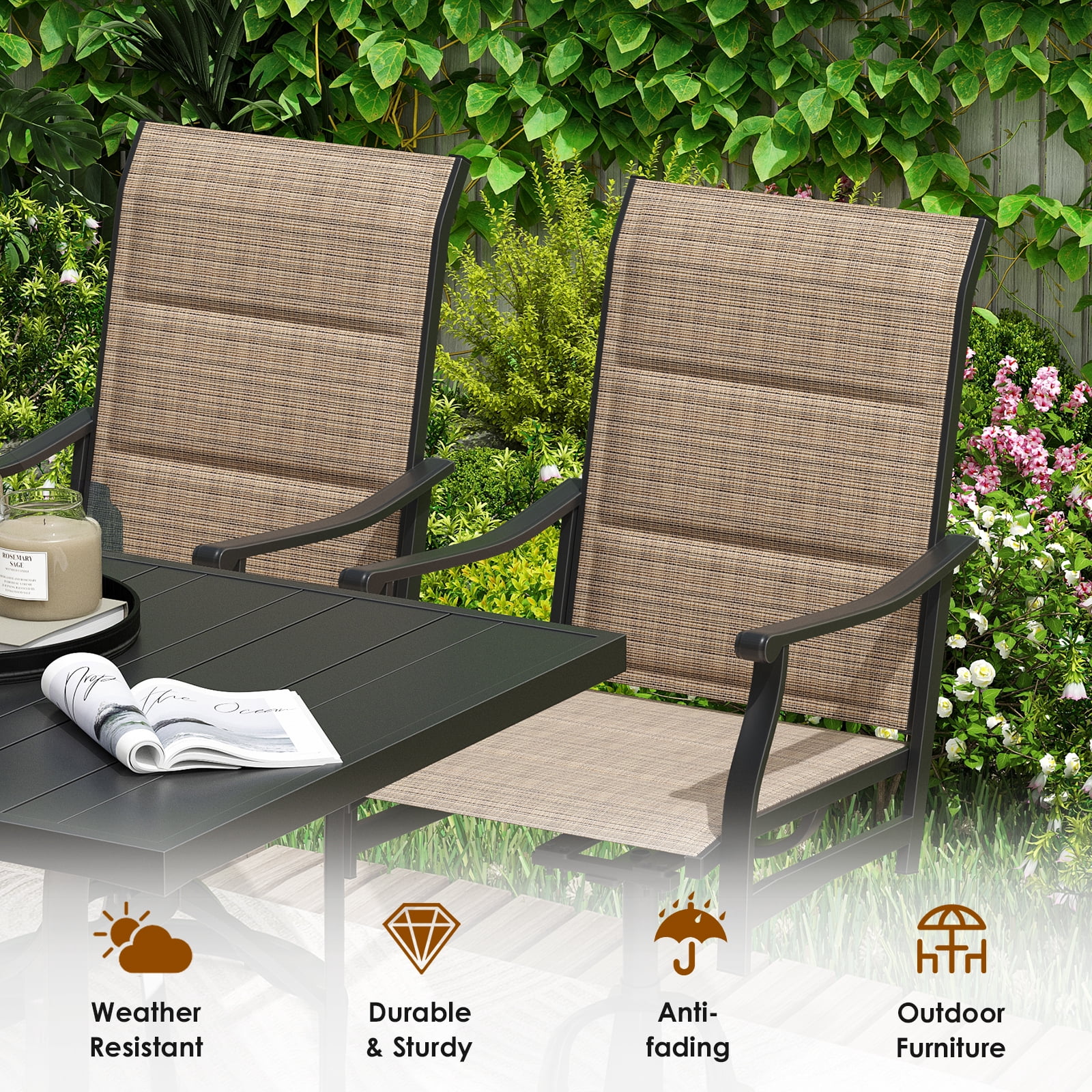MAYEERTY 2-Piece Outdoor Swivel Dining Chairs with Padded Textilene Fabric for Backyard & Patio, Brown