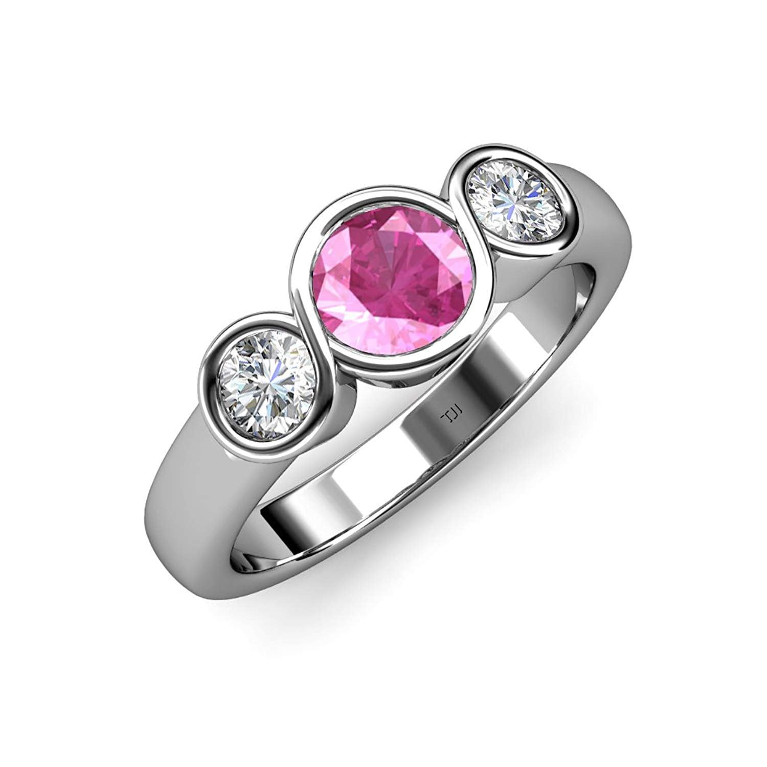 Pink Sapphire and Diamond (SI2, G) Infinity Three Stone Ring 1.85 ct tw in 14K White Gold.size 6.5 by TriJewels