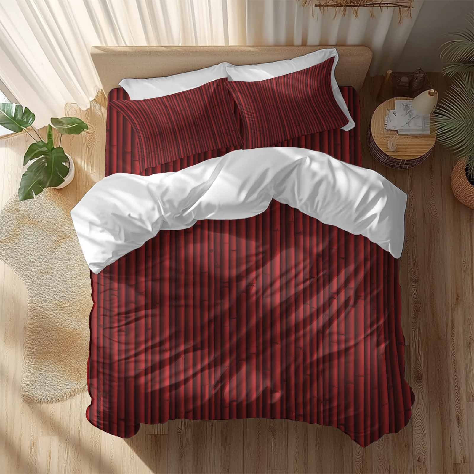 Red Bamboos 4 Piece Duvet Cover Set Queen Size Natural Vintage Bamboos Tree Plant Image Soft Bedding Set Comforter Cover, 1 Duvet Cover 1 Flat Sheets and 2 Pillowcases