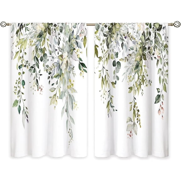 Eucalyptus Botanical Leaves Floral Kitchen Window Curtains Over Sink Boho Farmhouse Flower Leaf Small Window Treatment Sage Green Cafe Short Curtains for Bathroom
