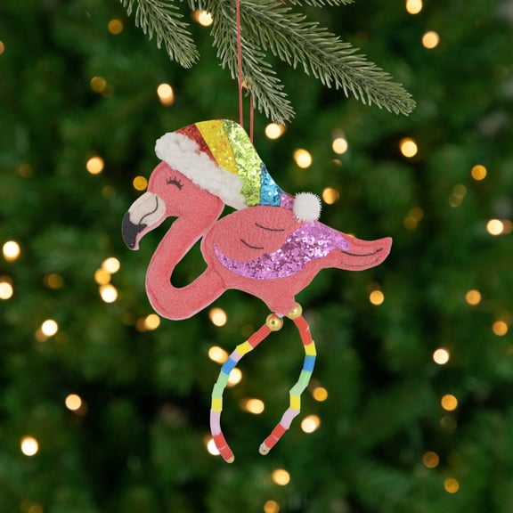 Northlight 7.5" Pink Plush Flamingo with Rainbow Santa Hat Christmas Ornament