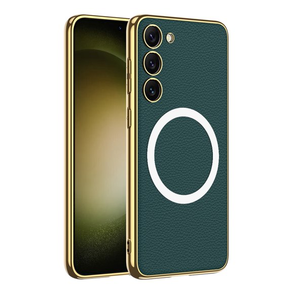 Plating Leather Case for Samsung Galaxy S23 6.1 inch,Electroplated Leather Soft Case Slim Lightweight Skin Touch Compatible with MagSafe Magnetic Case,Green