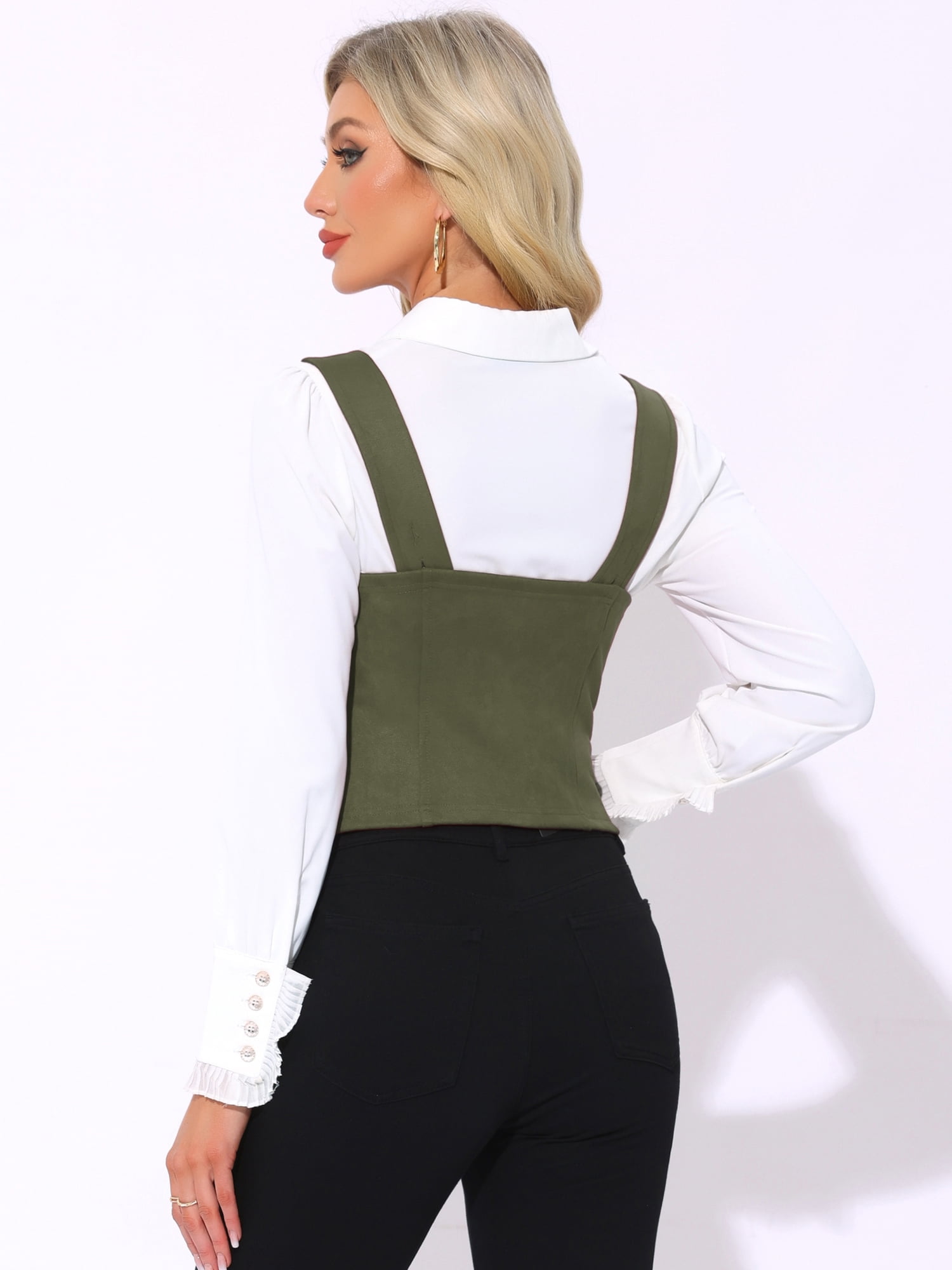 DARING DIVA Women Faux Suede Vintage Lace Up Waistcoat Vest L Dark Green