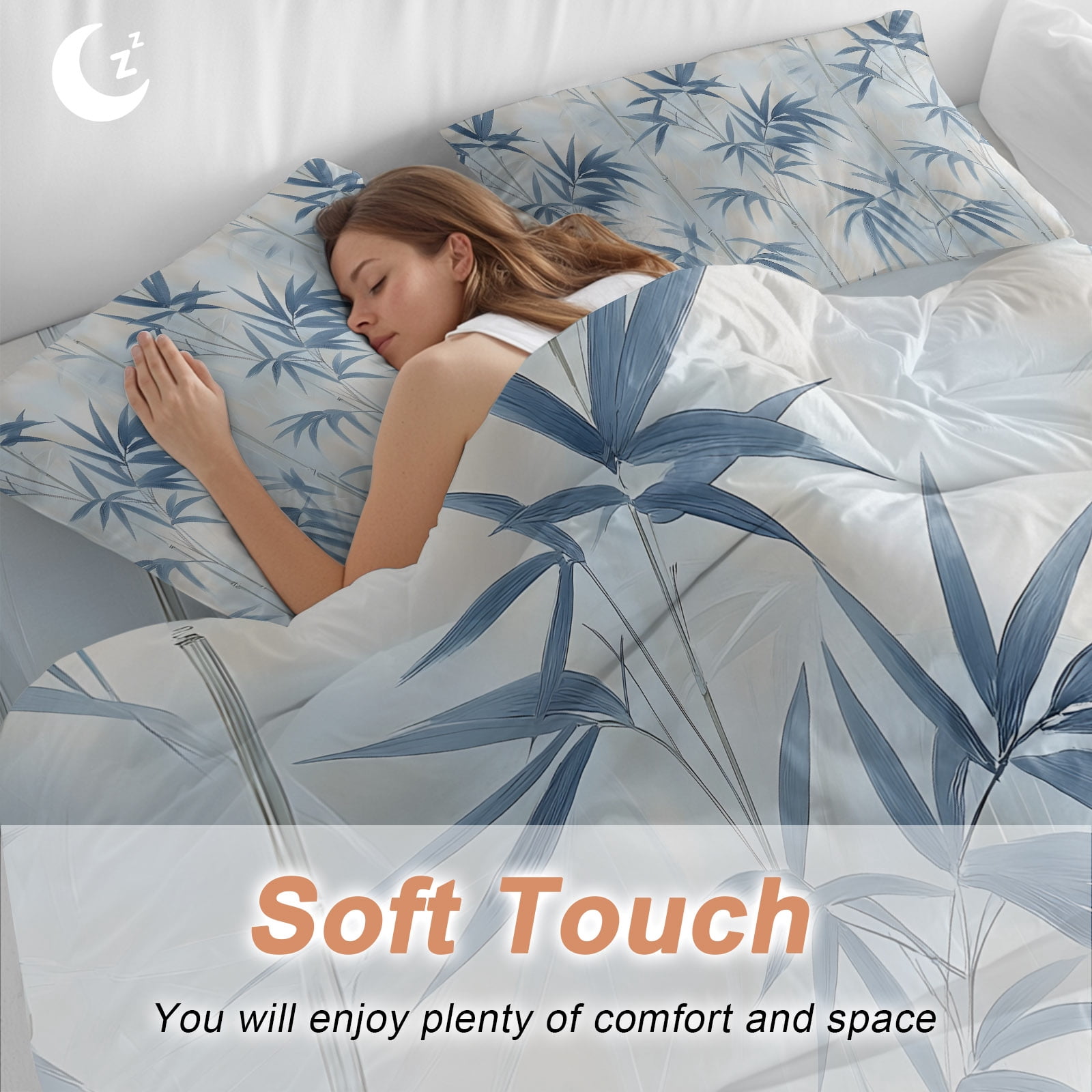 Abstract Bamboos Leaf Queen Duvet Cover Set, Blue Branch Leaves Watercolor 4 Piece Microfiber Bedding Set with Zipper Closure, Bed Sheet and 2 Pillow Shams, Soft Bedding Cover