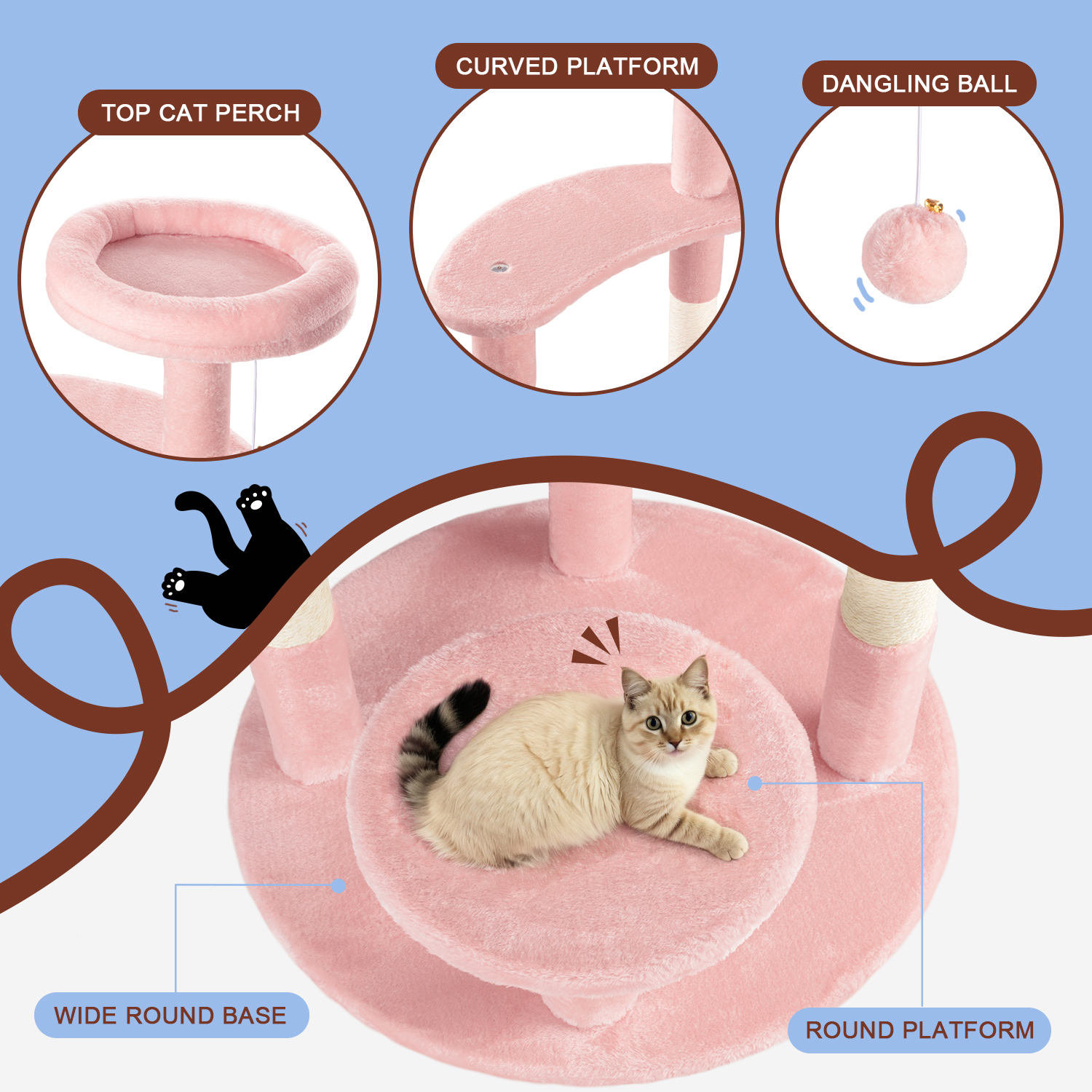 Amolife 55.5" Large Cat Tree and Tower with 5 Scratching Posts, Cat Perches for Indoor Cats and Kittens, Pink