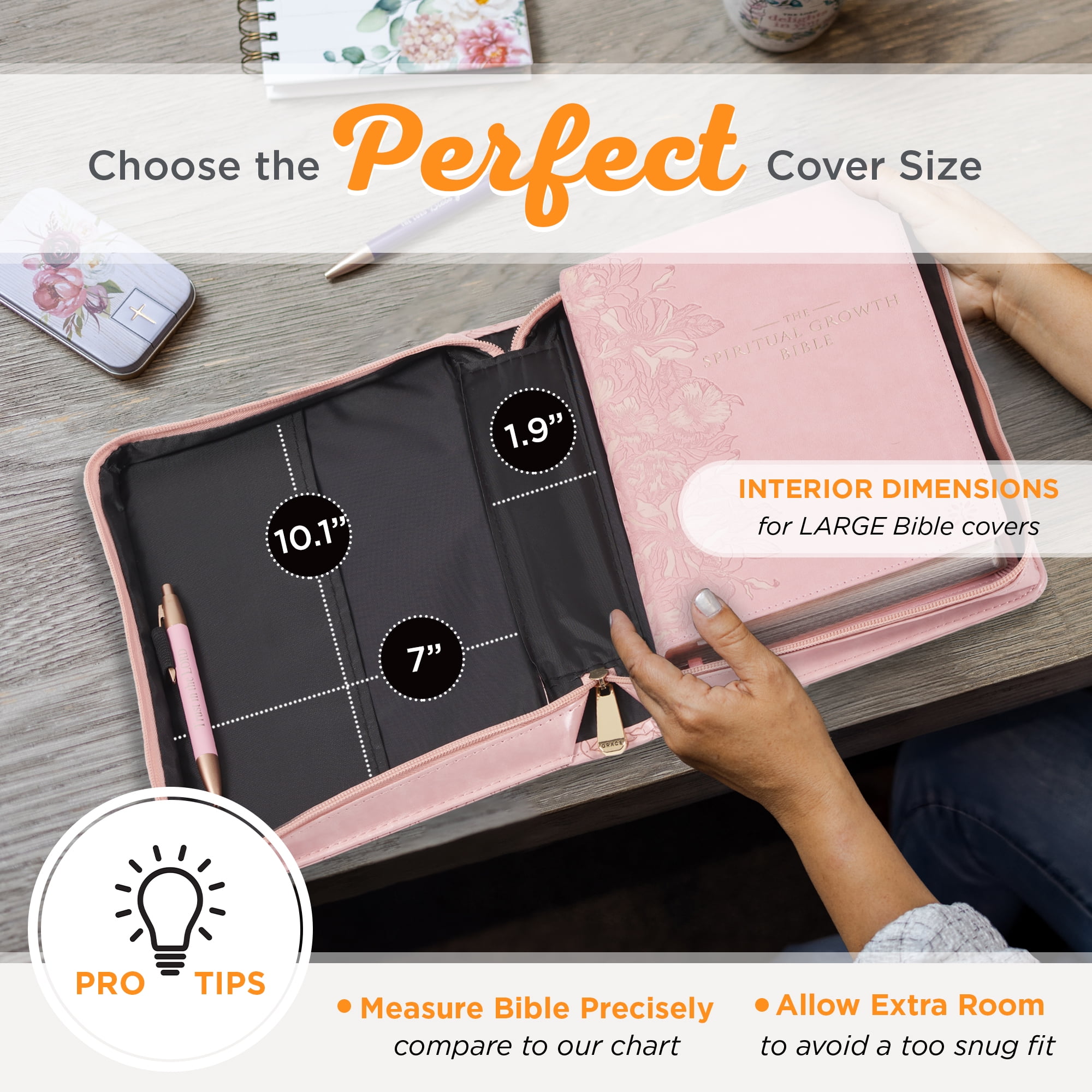 Christian Art Gifts Premium Vegan Leather Fashion Floral Bible Cover for Women: Strength & Dignity - Prov. 31:25 Inspirational Scripture Verse Carry Case w/Pockets & Pen Storage, Pink & Gold, Large
