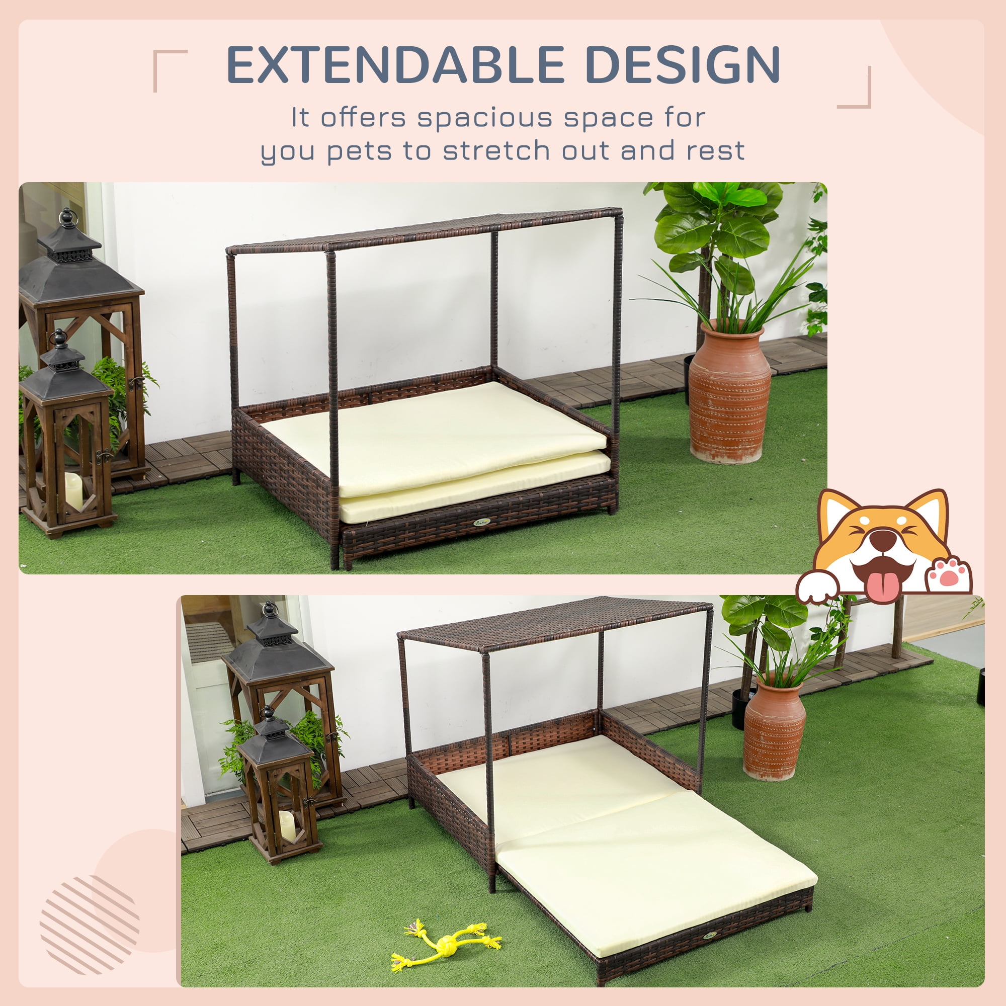 PawHut Extendable Outdoor Wicker Dog House W/ Roof for Small & Medium Dogs