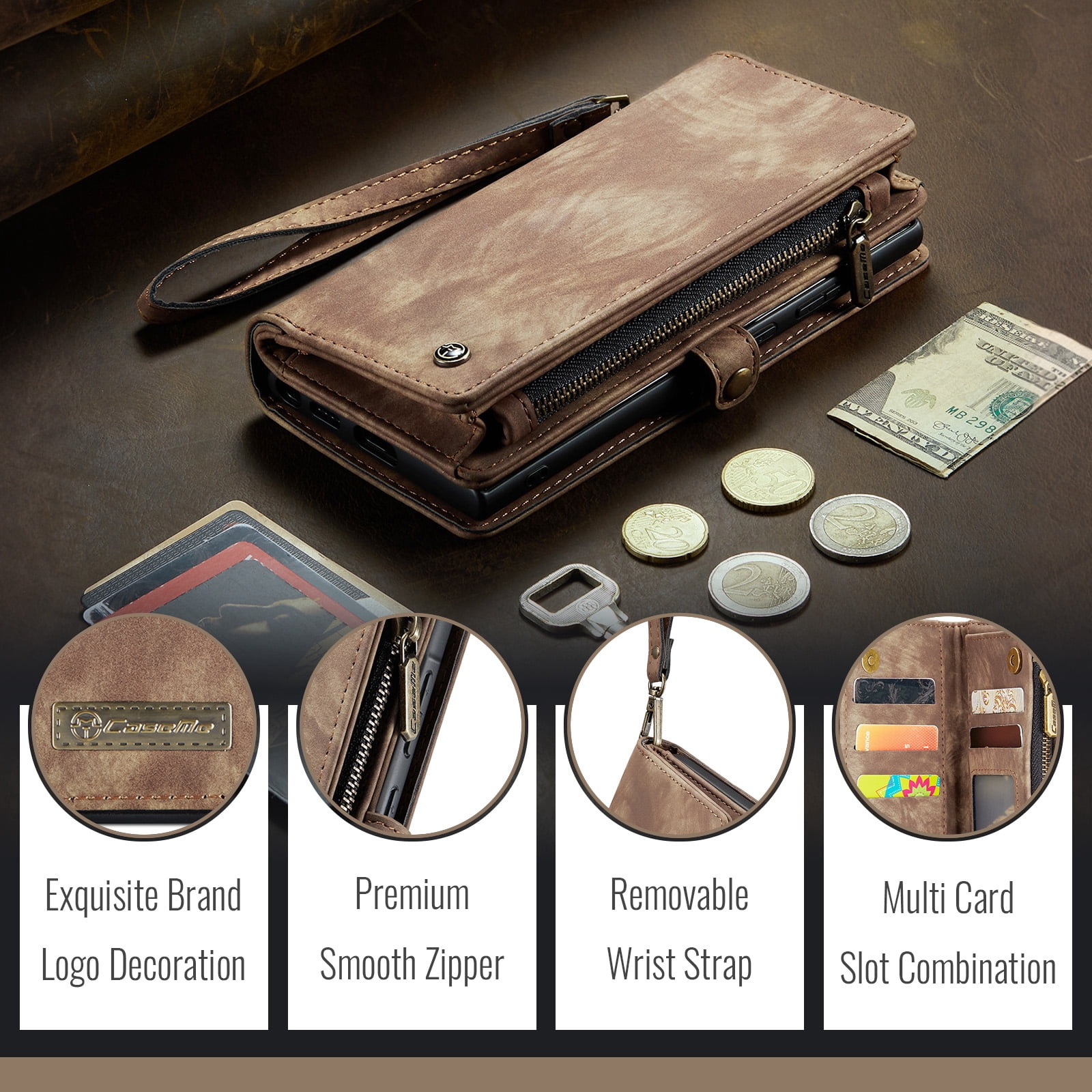 Dteck for Samsung Galaxy Note 10 Plus Wallet Case,Leather Zipper Wallet Case 8 Card Slots Holder Flip Purse Magnetic Handle Strap Shockproof Detachable Phone Cover For Samsung Galaxy Note 10+, Brown