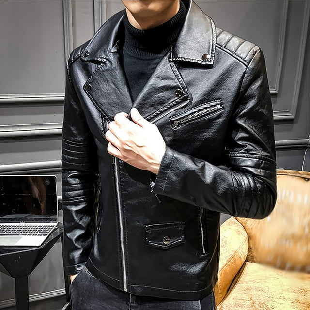 Dvkptbk Men's Solid Color Leather Jacket Lapel Long-sleeved Motorcycle Slim Leather Jacket With Pocket