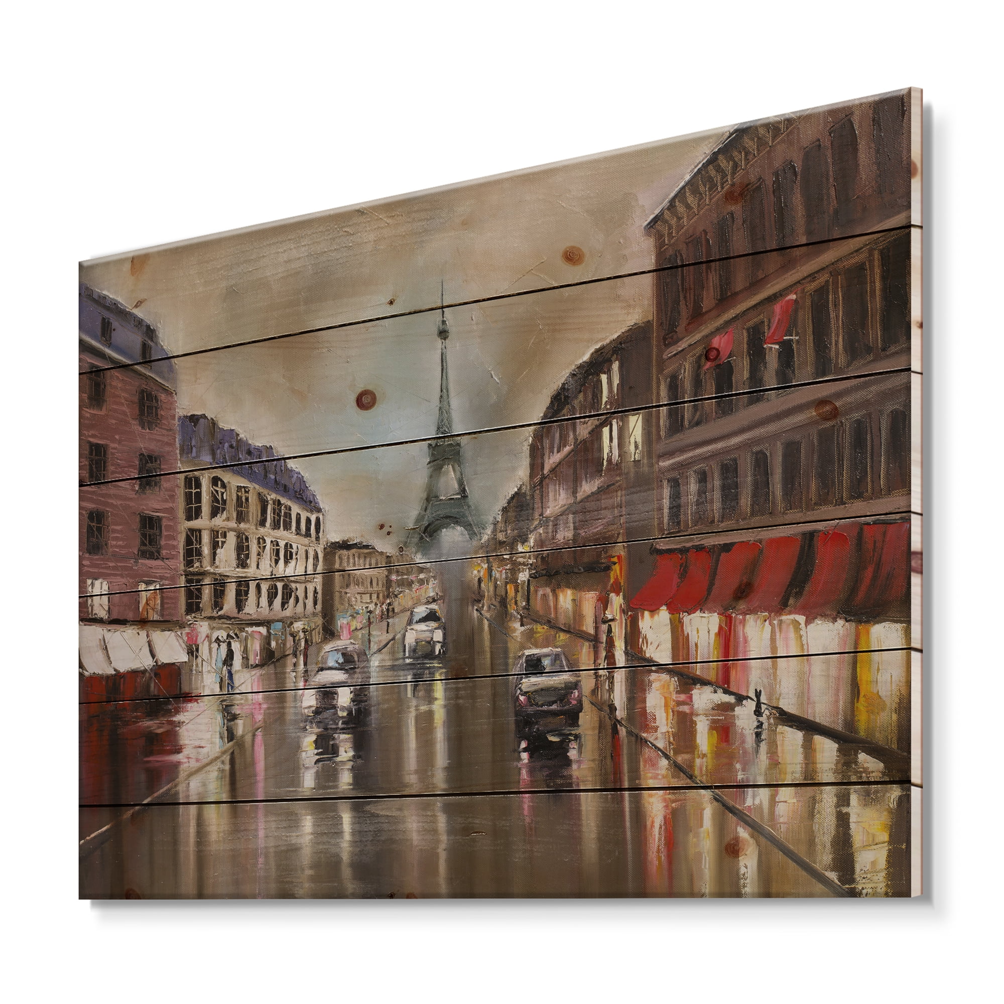 Designart 'Quiet Rainy Street In Gray Eiffel Tower Paris' Traditional Print on Natural Pine Wood