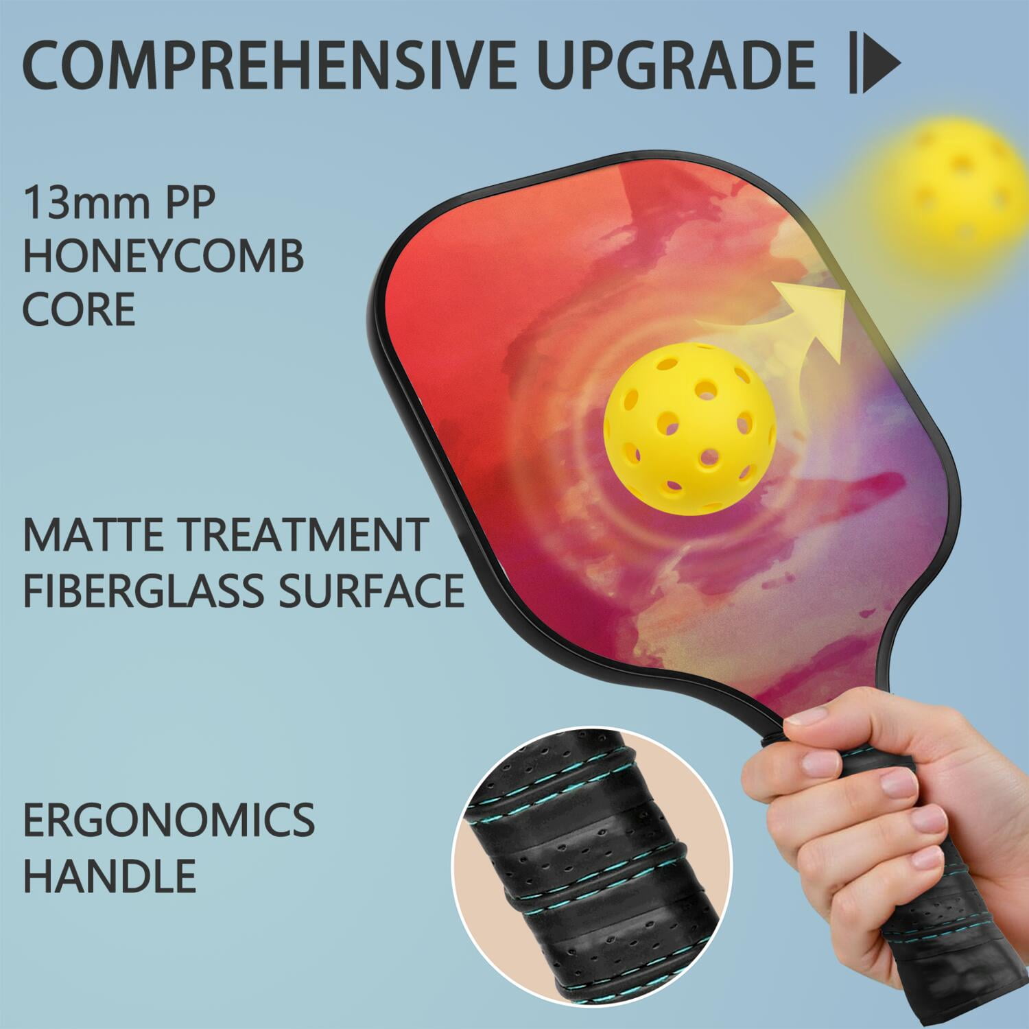 Pickleball Paddles Set Of 1, Fiberglass Surface, Fluid Smoke Aurora Art Style, 1 Paddle, 2 Balls & Bag