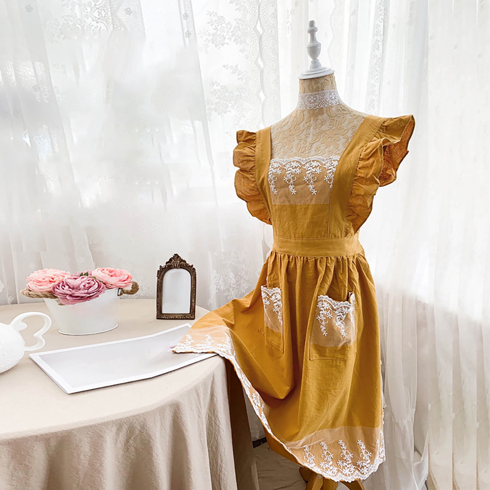 yujian Kitchen Essentials Women's Baking Apron Women's Ruffles And Roses Apron For Baking, Cooking & Crafts For Women's Orange