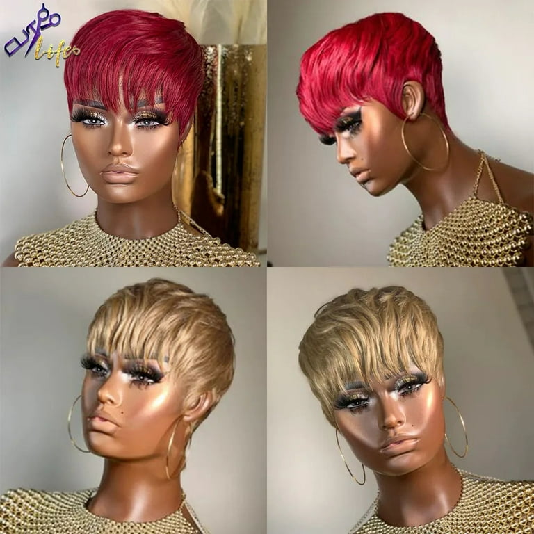 Mullet Wigs Short Pixie Cut Wigs Full Machine Made Wigs With Bangs Remy Human Hair For Women Girls