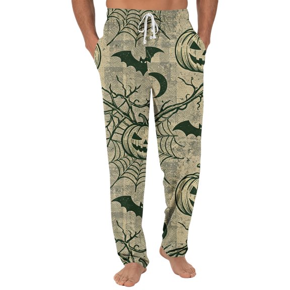 GrmtClth Halloween Print Men Sleep Bottoms Elastic Waist Spooky Tree Pumpkin Pajama Pants Drawstring Pocket Casual Loungewear Joggers Green S