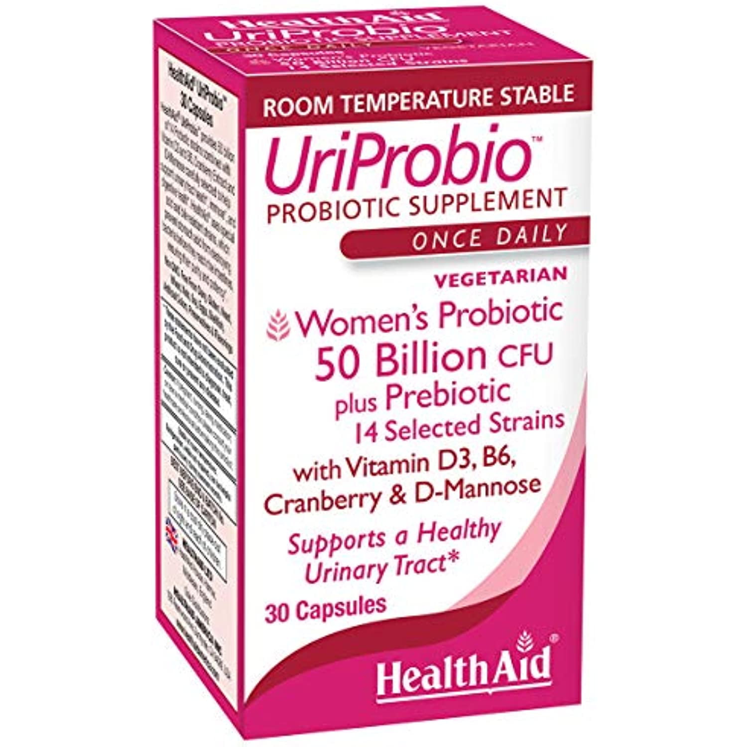 HealthAid UriProbio Women’s Probiotic – 50 Billion CFU with Cranberry, D-Mannose & Prebiotic – Supports Urinary Health, Digestive Balance & Feminine Wellness – Once Daily, Vegan – 30 Capsules*