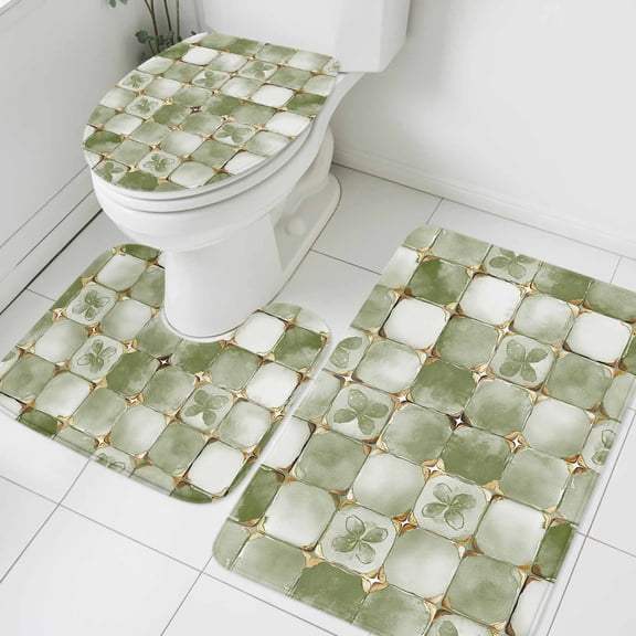 3 Piece Bathroom Rug Set, Sage Green Crystal Flower Non Slip Bath Mat with Contour Toilet Mat and Lid Cover, Irregular Texture Absorbent Soft Shower Mats for Bathroom
