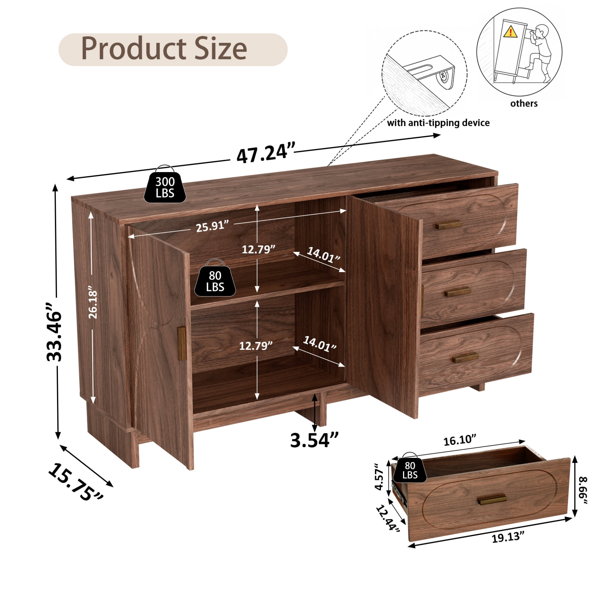 Leumius 47.2" Buffet Sideboard with 2 Doors and 3 Drawers, Walnut Finish with Oval Grain Texture, Farmhouse Storage Cabinet for Dining Room Living Room Hallway