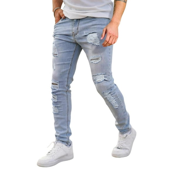 GINGTTO Men's Skinny Jeans Stretch Ripped Tapered Leg, Light Blue Ripped, 30W x 30L