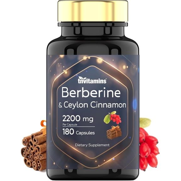 TNVitamins Berberine with Ceylon Cinnamon Supplement 2200 Mg Per Capsule NON-GMO Berberine HCL Capsules, 180 Count