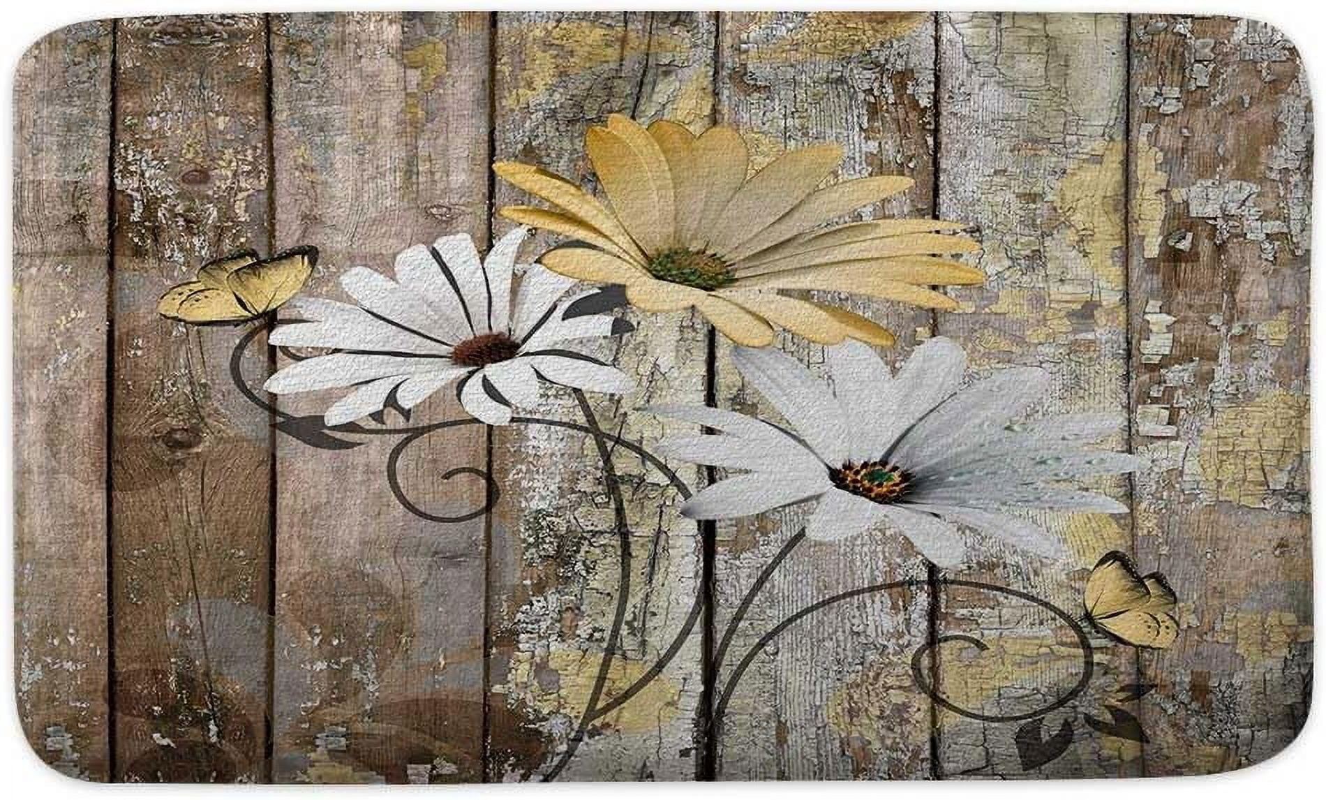 Farmhouse Floral Flower Bath Mat, Daisy Rustic Wooden Plank Country Barn Wood Yellow Flower Non-Slip Flannel Soft Doormat Floor Entryways Outdoor Indoor Front Door Mat, (17X29)