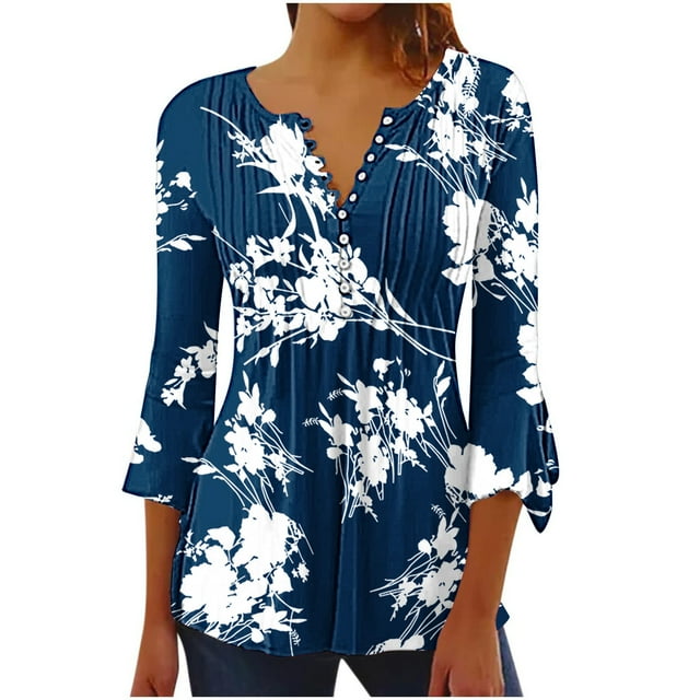Pompotops Tunique Décontractée à Manches 3/4 Imprimée Florale Col en V pour Femmes Chemises Basiques d'Été Blouse Plissée Liquidation