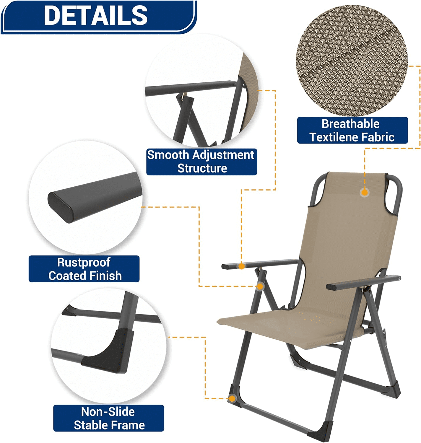 Amopatio Outdoor Folding Patio Sling Chairs Set of 2, Heavy Duty Adjustable Recliner, Folding Chairs for Outdoor Camping Garden, Support 300LB